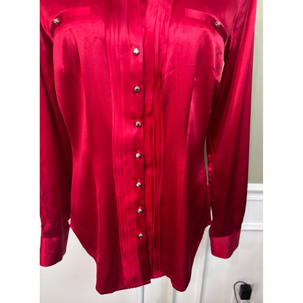 White House Black Market Red Silk Stretch Pintuck Pleated Button Up Blouse 8 - Picture 3 of 8